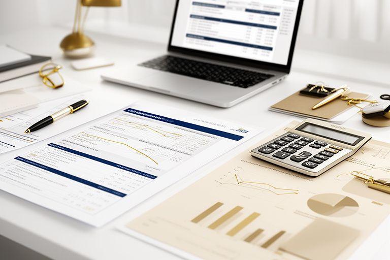 Tavolo di lavoro con report di cash flow, laptop e grafici in stile professionale