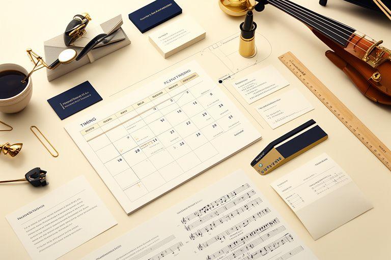 Calendario strategico accanto a strumenti musicali e documenti aziendali