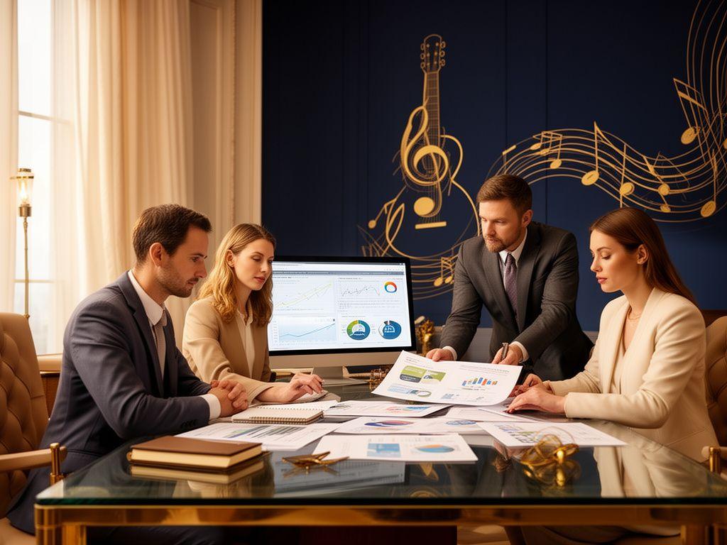 Imprenditori e consulente finanziario in un ufficio elegante con grafici e dettagli ispirati alla musica