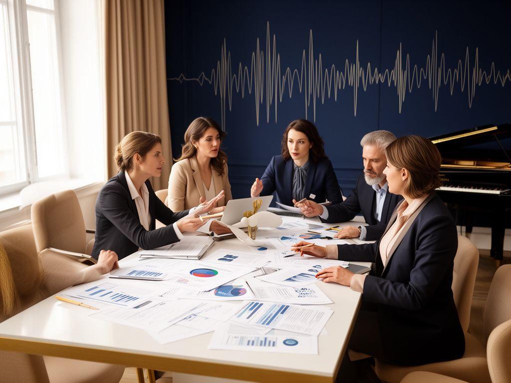 Team di consulenza finanziaria in un ambiente elegante e collaborativo ispirato all'armonia musicale