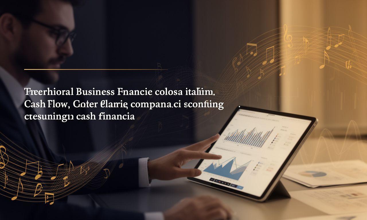 Illustrazione fotografica di un consulente che analizza il cash flow aziendale con grafici e note musicali stilizzate