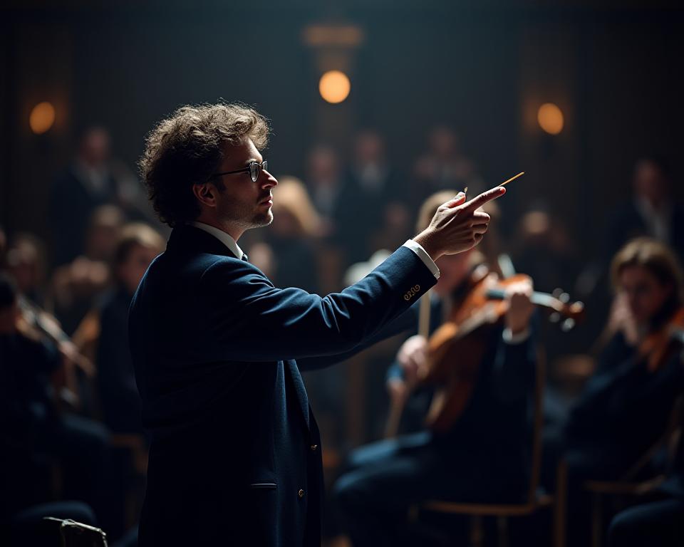 Direttore d'orchestra che guida un ensemble come metafora della pianificazione strategica aziendale